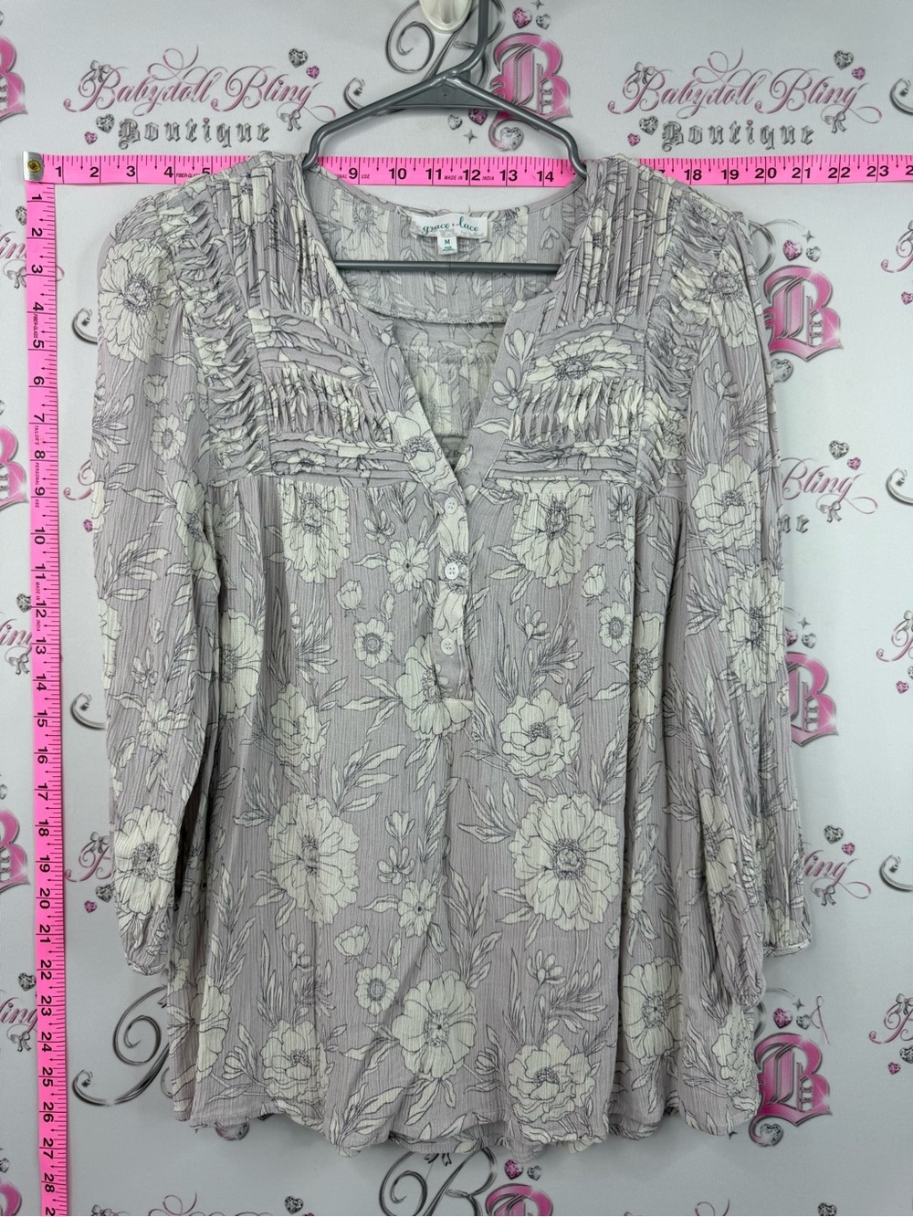 Grace & Lace top grey Lavender and Cream Floral Pintuck V-Neck Blouse